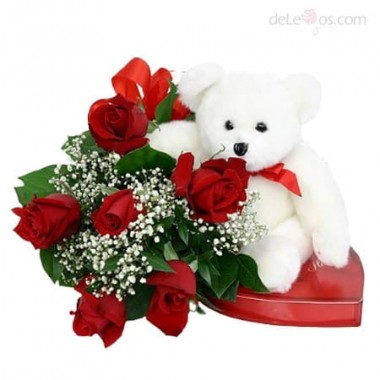 Bouquet de 6 Rosas,Chocolates y Oso