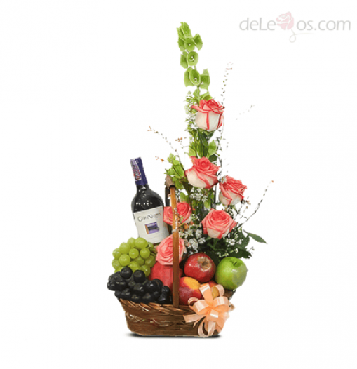 Cesta Frutal con flores y Vino