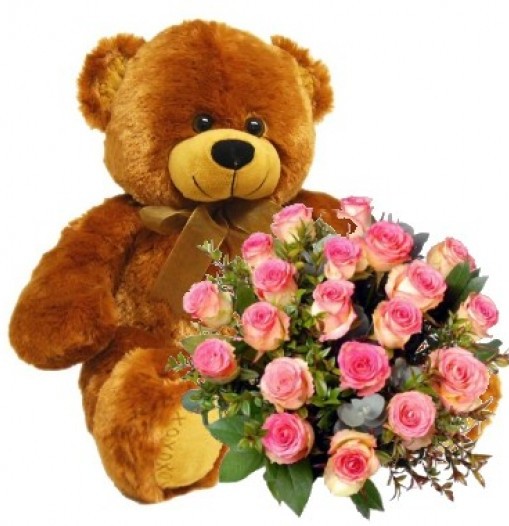 Bouquet de veinte y cuatro rosas y peluche